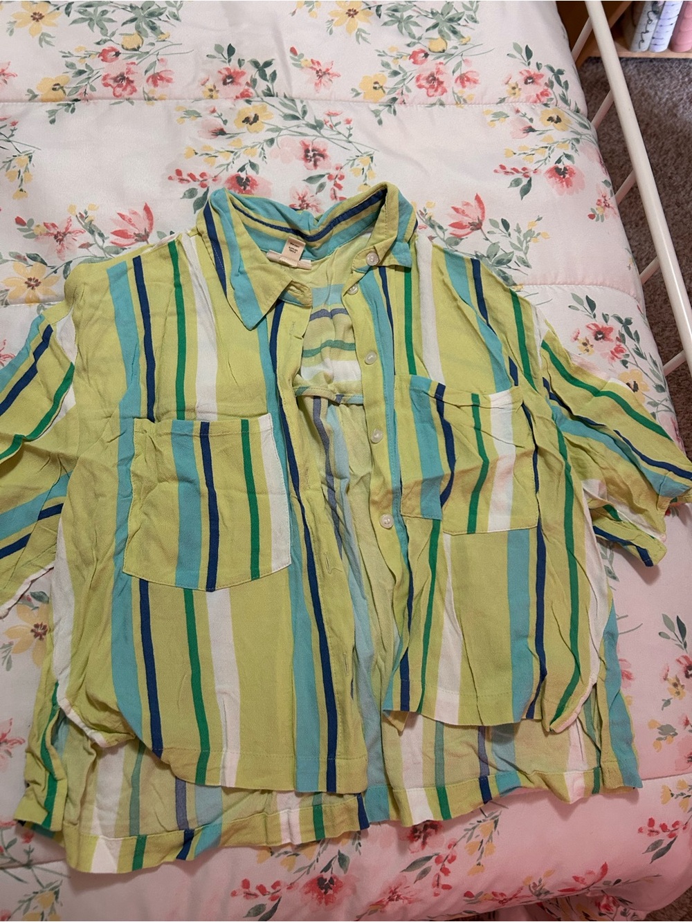 a.n.a Striped Button-Up Shirt in Lime, Aqua & Navy
